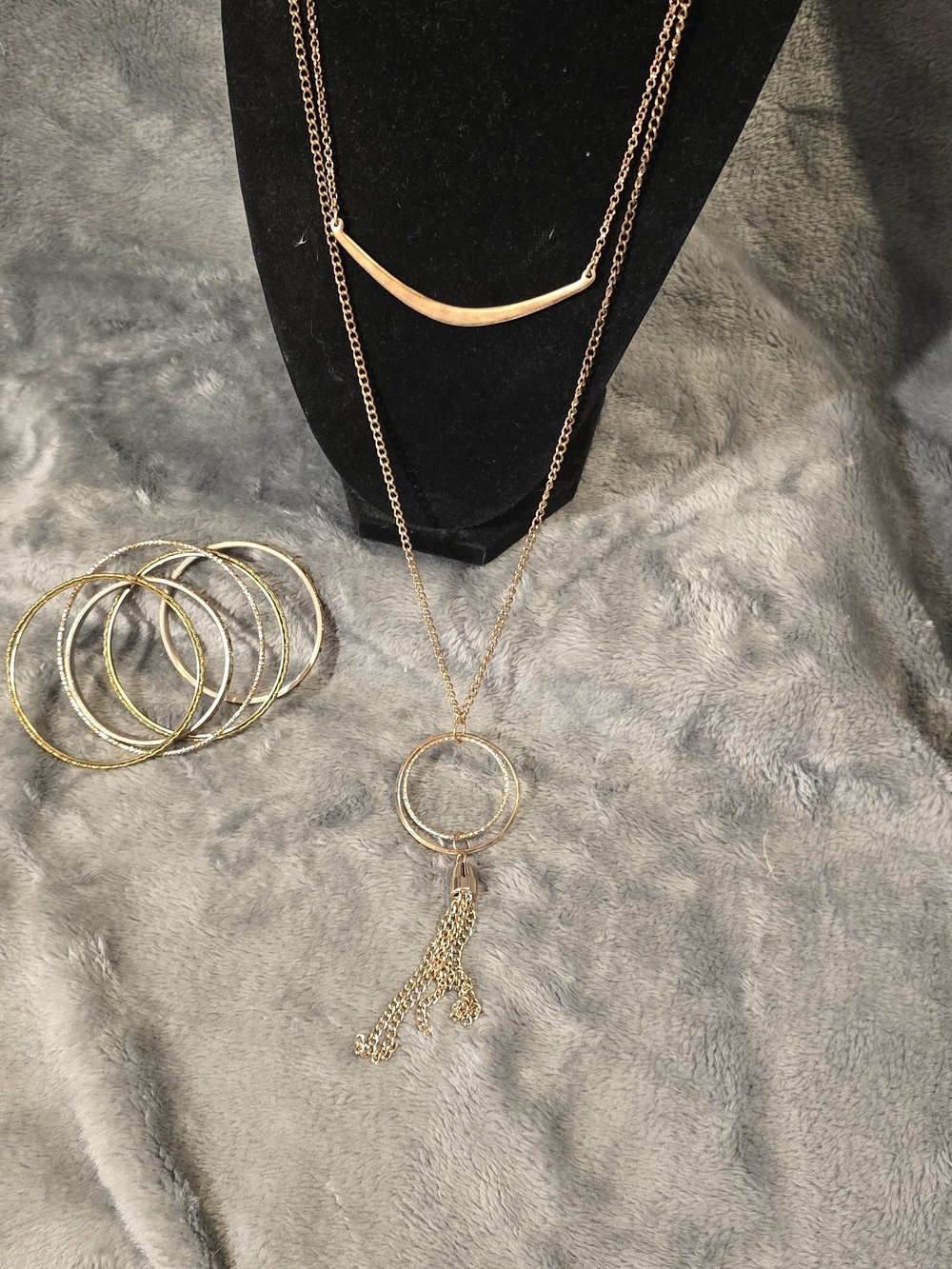 Gold-Tone Layered Pendant Necklace with Tassel and Matching Bangles